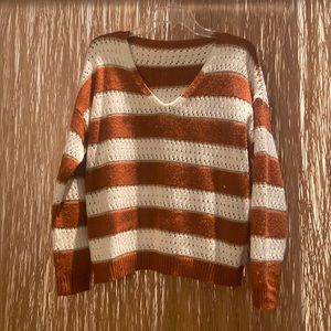 Orange, white and gold stripe vneck sweater